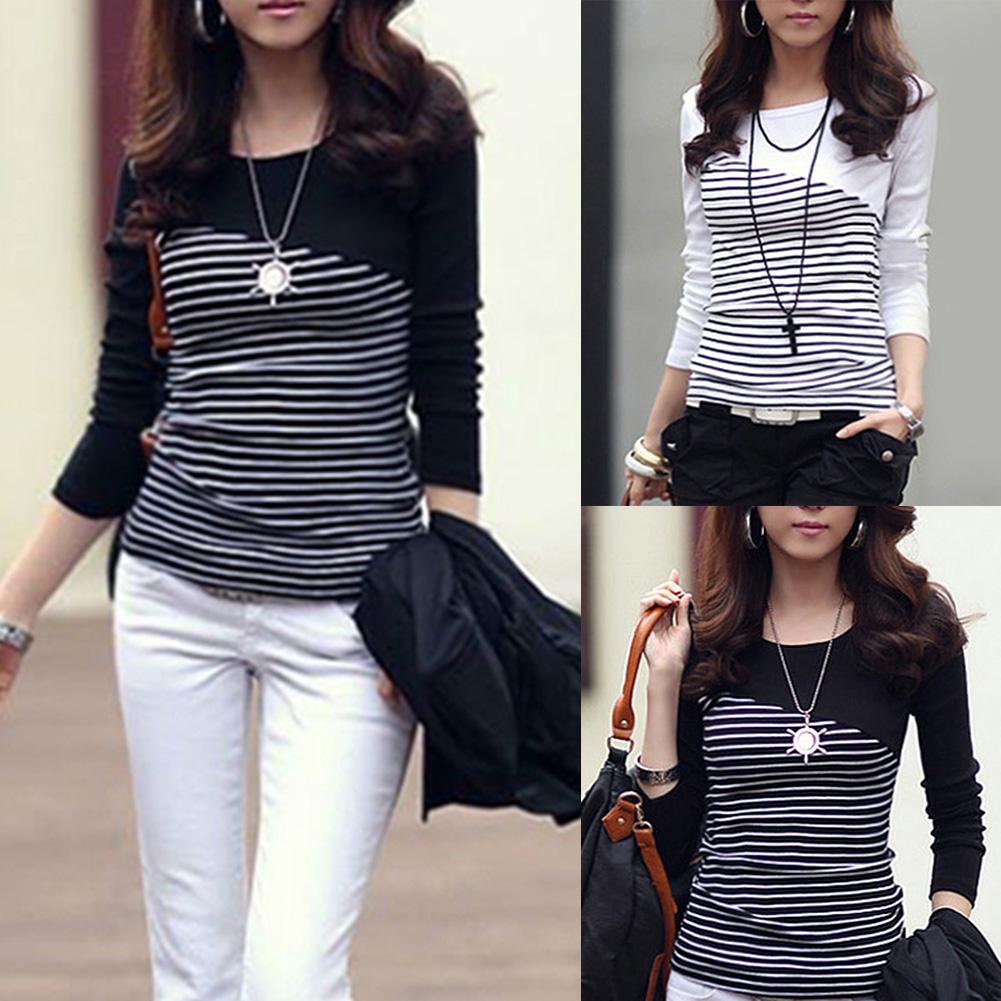 Global Selling Women Stripe Print Long Sleeve Round Neck T-Shirt Slim Fit Top