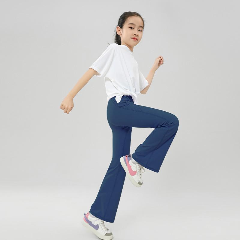 

Комплект для йоги и спорта из ледяного шелка для девочек: Быстросохнущий топ с короткими рукавами и расклешенными брюками для лета, вариант для парного образа родитель-ребенок 140 cm