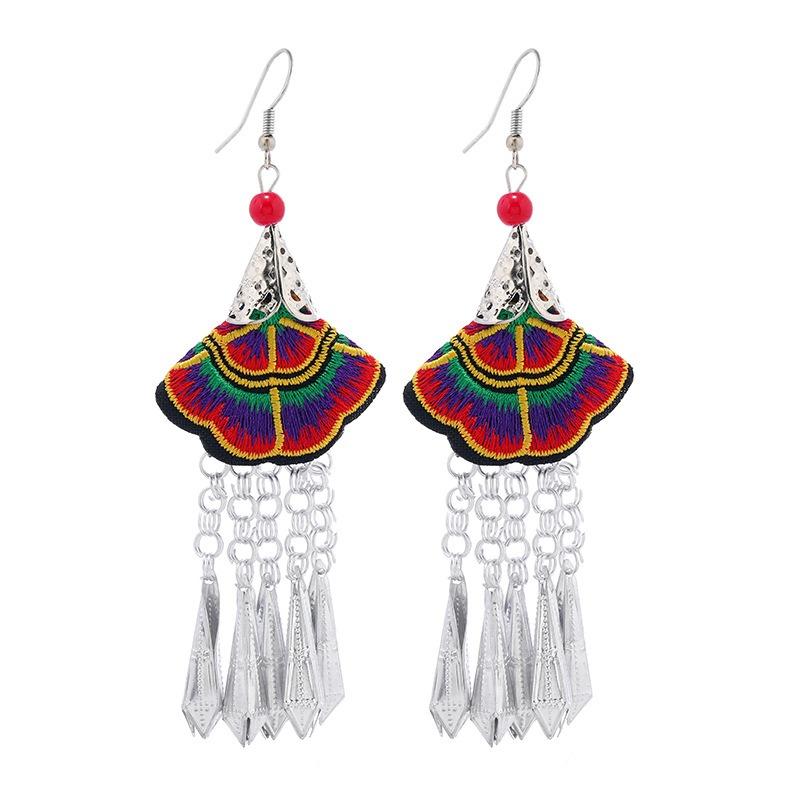 Embroidery fabric flower earrings long Miao silver fringed personalized earrings retro Miao Yunnan earrings women