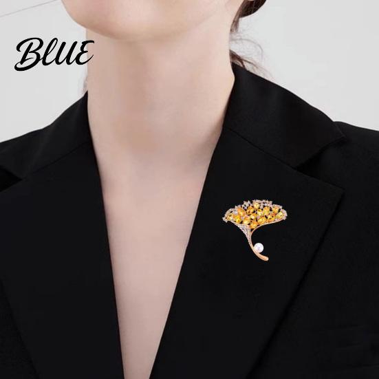 Women Brooch High-Gloss Rhinestone Inlay Faux Pearl Decor Ginkgo Leaf