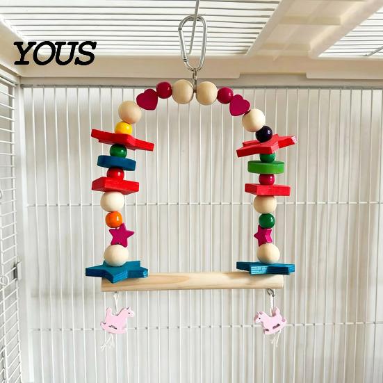 Wood Parrot Toy Hanging Swing Toy, Wooden Bird Perch Stand for Cage, Standing Branch Beads Blocks Chew Parakeet Cockatiel Budgie Macaws