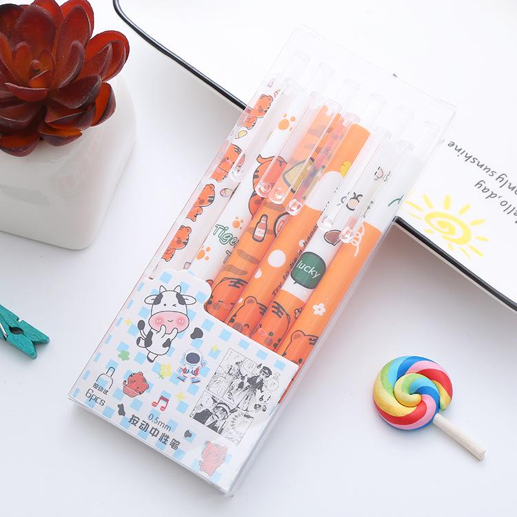 6-Piece Boxed Gel Pens - Cute, Press-Type, Water-Based Click Pens for Students and Office Use