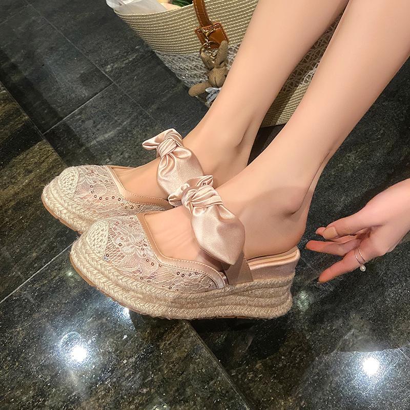 

Soft leather version 2025 new summer bag head sandals women s lace mesh hollow breathable platform shoes straw fisherman shoes 40 шампанского