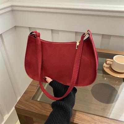Mode Textur Rote Tasche Damen Neue Wildleder Einzelne Schultertasche Kleine Einfarbige Reißverschluss Unterarm Hobo Taschen