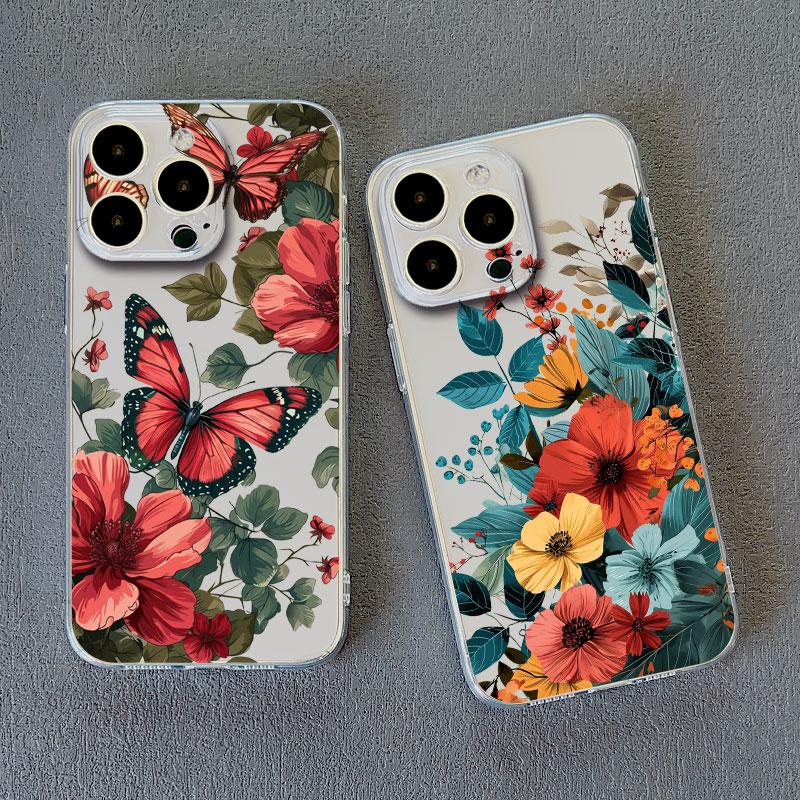Vintage Flower Clear Phone Case For iPhone 12 11 13 Pro Max Mini 14 Pro Max Plus 7 8 Plus SE2 X XR XS Butterfly Plant Back Cover