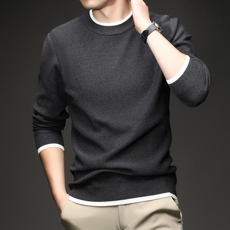 Men's Long Sleeve Round Neck Knit Sweater - Spring & Autumn Style, Fashionable Waffle Knit for Young and Middle-aged Individuals