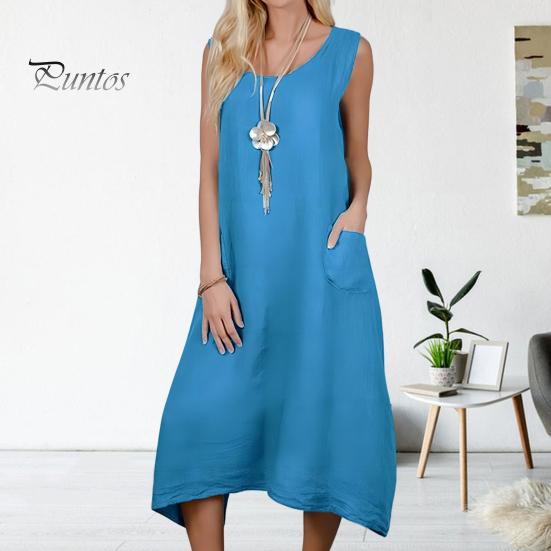 

Женское летнее платье-жилет с круглым вырезом без рукавов, однотонное пляжное платье с карманами, нерегулярный подол, свободное длинное платье S темно-синий