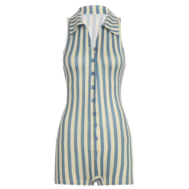 

Outfitgirl Casual Style Lapel Breasted Sleeveless High Waist Silm Slim Fit Jumpsuit Striped Sheath Shorts Blue L