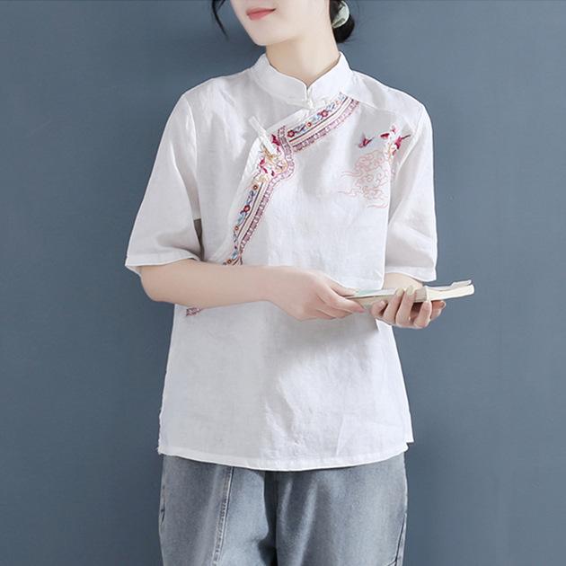 Women S Embroidered Short Sleeve Stand Collar Chinese Style Tea Shirt M