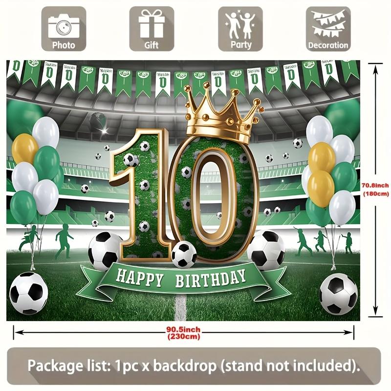 1pc Football-themed 10th Birthday Party Banner - Polyester Background with Football and Player Outlines, Green "Happy Birthday"