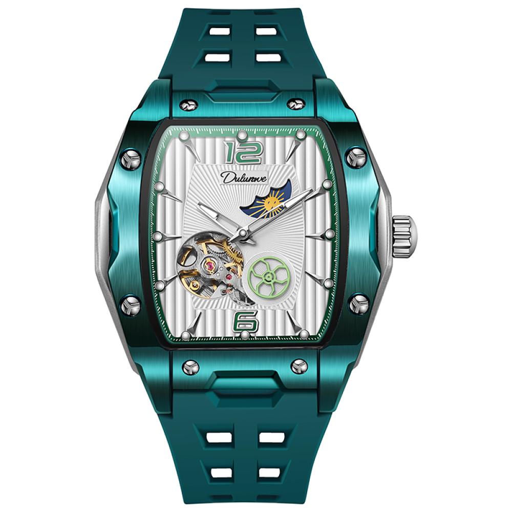 Dulunwe Tonneau Sports Men's Tourbillon Watches Starry Moon Phases Hollow Out Automatic Mechanical Watch Rubber Strap Luminous Wristwatch