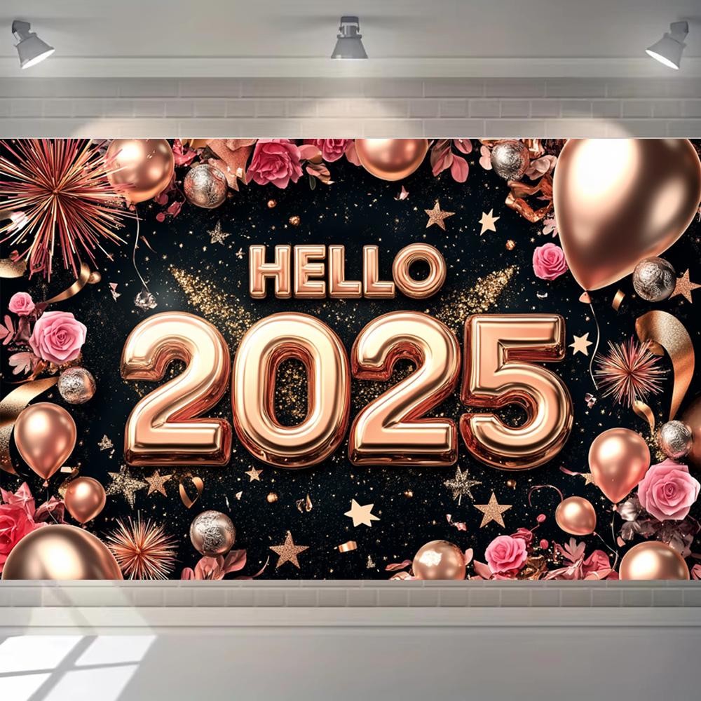 2025 Happy New Year Pink Rose Flower Theme Party Background Balloons Family Party Banner Decoration Photography Background