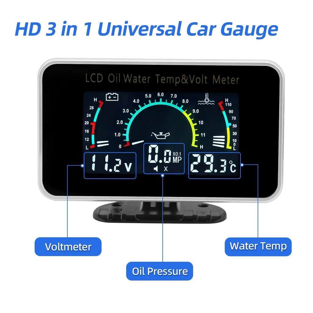 3 in 1 Car LCD Meter Digital Oil Pressure Voltage Gauge Water Temperature Gauge With temp press sensor for Car Truck SUV 12V/24V
