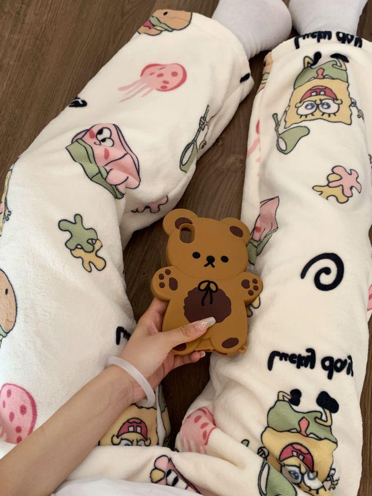 Korean Style Women's Fleece Pajama Pants - Flannel Cartoon Design for Autumn and Winter