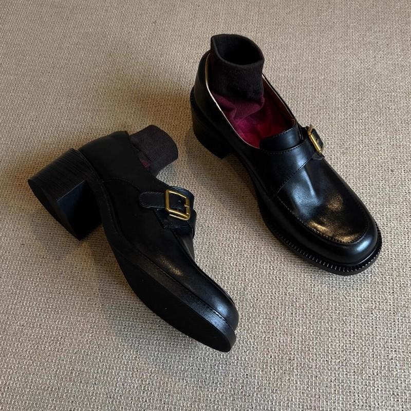 Sheepskin version! This year's popular loafers British style black retro round head metal buckle thick heel French single shoes