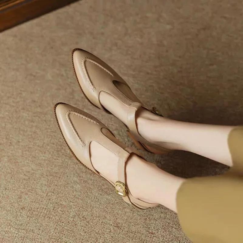 Fashion Women's Sandals Soft Leather Pointed Toe Wide Strap Buckle Single Shoes Rubber Sole China Made Ladies Shoes