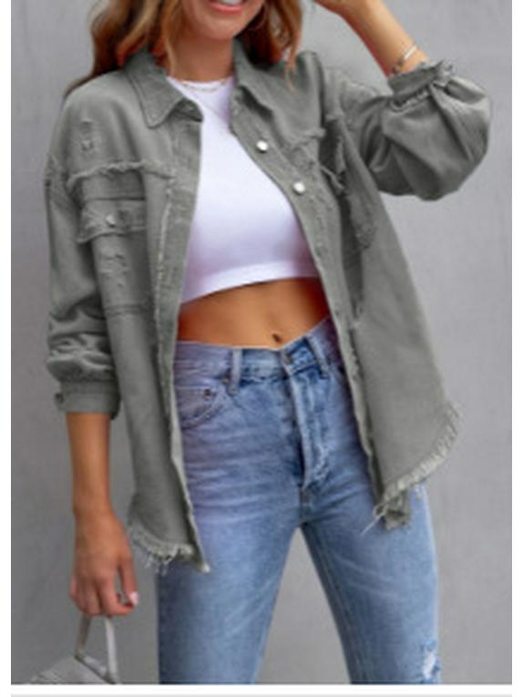 Women's 2025 European & American Solid Color Ripped Denim Jacket - Loose Fit, Long Sleeve