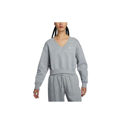 Sportswear Phoenix Fleece Solid Color Short V Neck Fleece Casual Sweatshirt Women Tops Gray FN3652-063