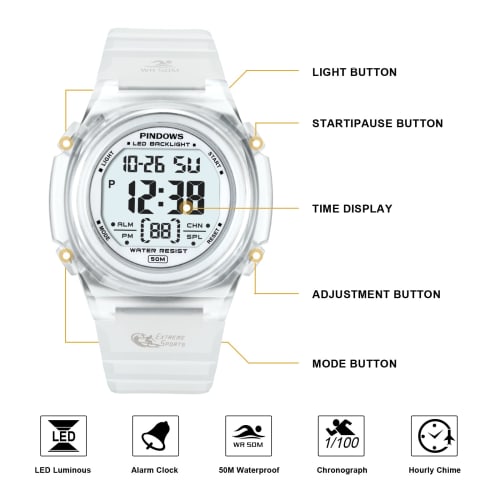 PINDOWS Women's Digital Sports Watch, 50m Water Resistant, LED Backlight Wristwatch with Alarm, Stopwatch, and Calendar, Perfect for Everyday Use Indo