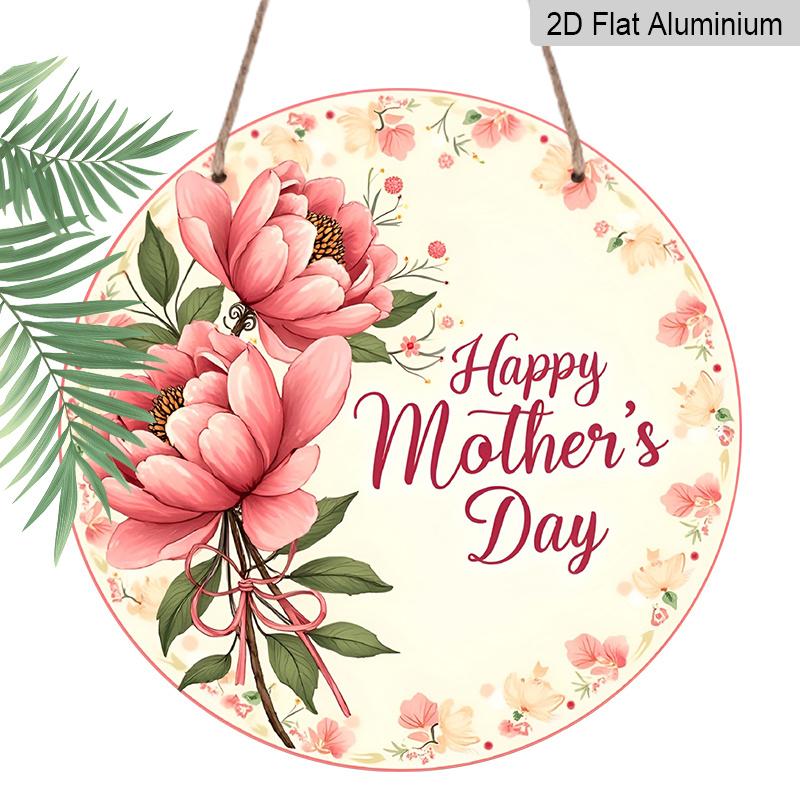 

2D Flat, 1pc 7.87In Round Aluminum Metal Wall Decor - Happy Mother S Day Peony Bouquet Sign with Pink & Peonies, Green Foliage & Red Ribbon Bow 1pc