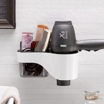 2-in-1 Adhesive Hair Dryer Holder Rack with Tool Storage Organizer Wall Mount Sticker Plastic Toilet Bathroom No Drill