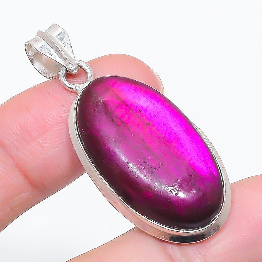 Natural Pink Labradorite Gemstone 925 Sterling Silver Jewelry Pendant 1.89" M0h74
