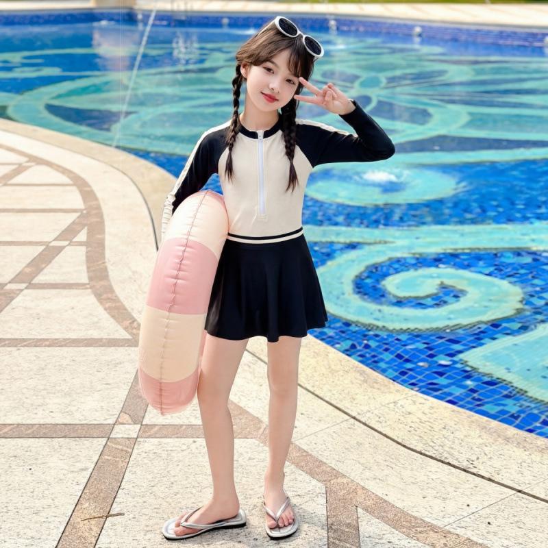 Girls One-piece Swimsuit 2026 New Middle-aged and Older Children's Summer Children's Swimsuit Girls Long-sleeved Sunscreen Conservative Swimsuit