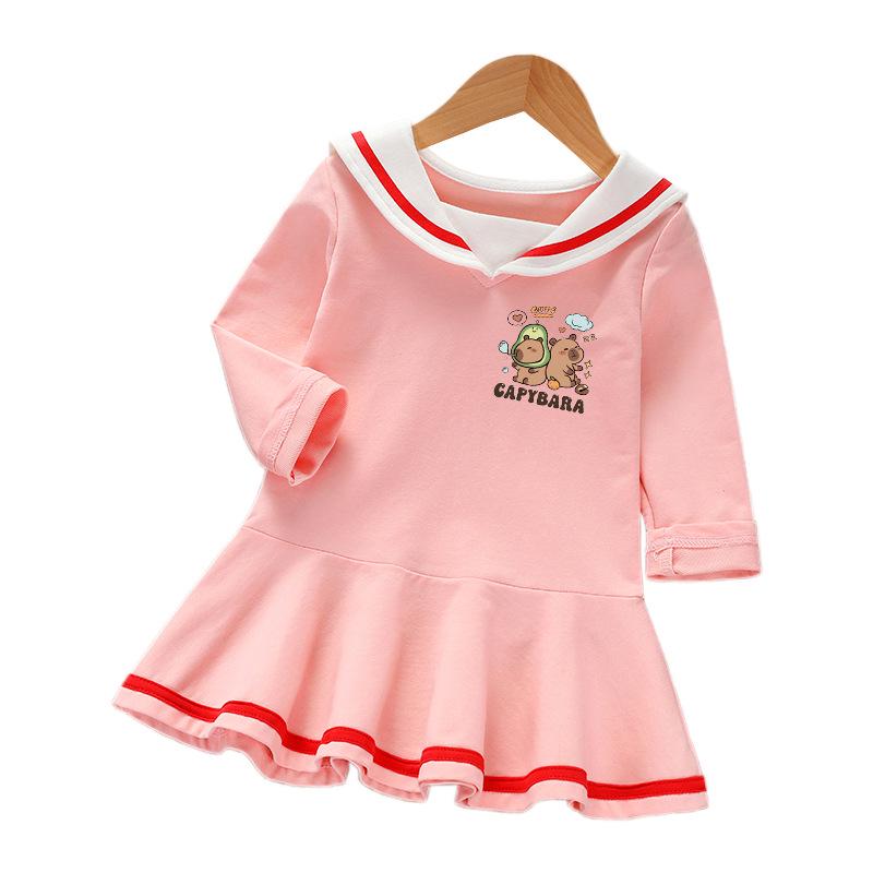 Stylish Long-Sleeved Spring/Autumn Academy Dress & Summer Pleated Short-Sleeved Navy Princess Skirt for Girls
