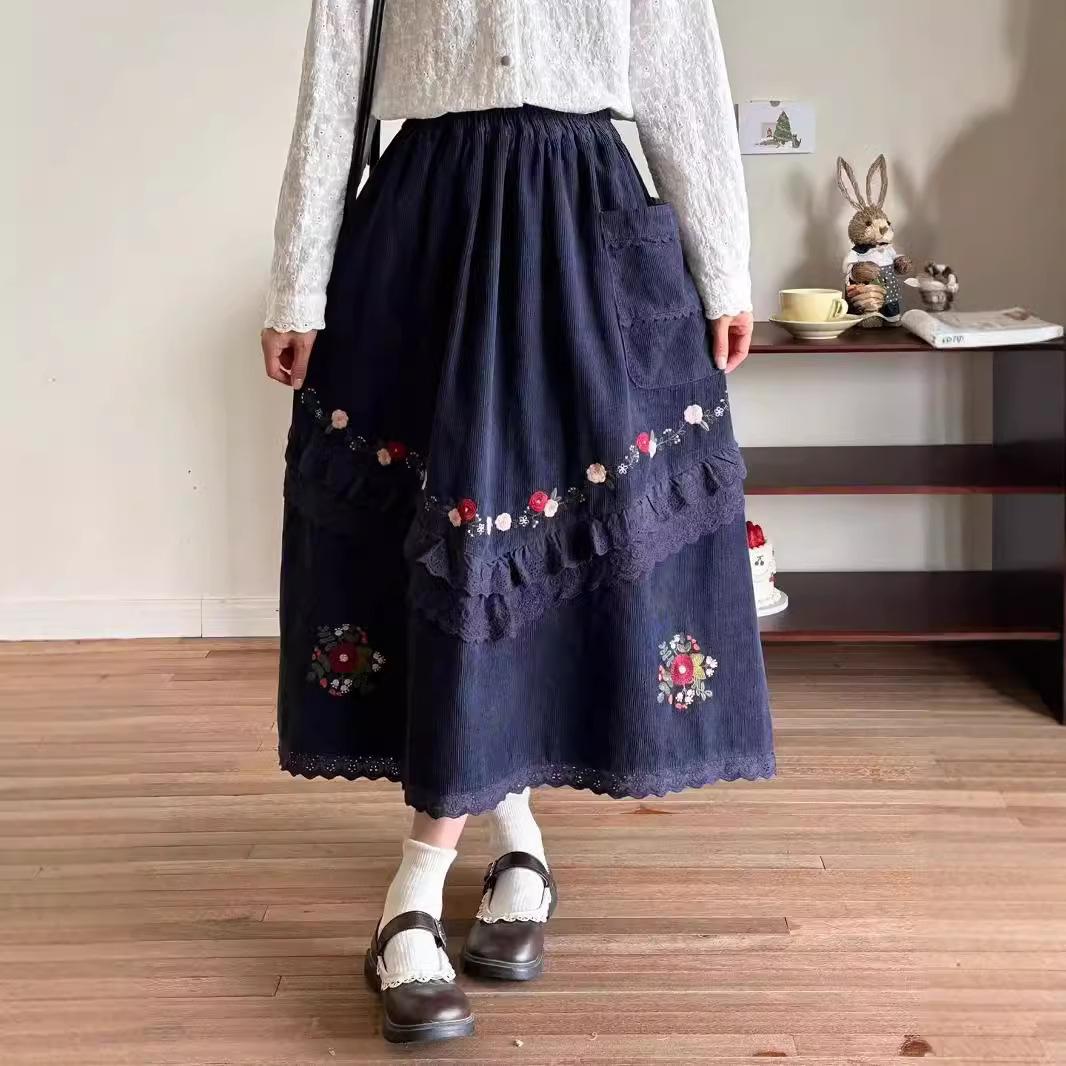 

Юбка из вельвета с кружевной вышивкой Johnature Forest, осенняя винтажная лоскутная кружевная цветочная женская свободная юбка One Size тёмно-синий