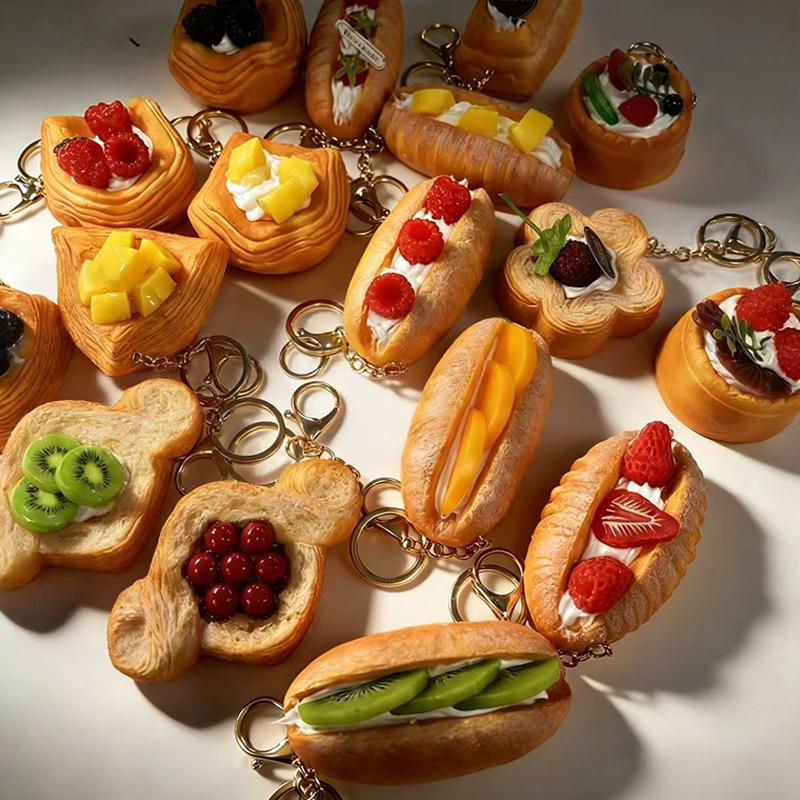 Realistic Artificial Fruit Puff Pastry Keychain With Sturdy Gold Key Ring For Backpack Decoration Cute Gift For Dessert Lovers
