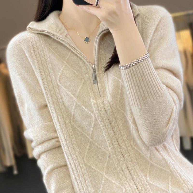 

Lapel Cardigan for Women In Autumn and Winter Style Twisted Flower Half Zipper Cashmere Sweater Loose Versatile Warm Bottoming Shirt Top S