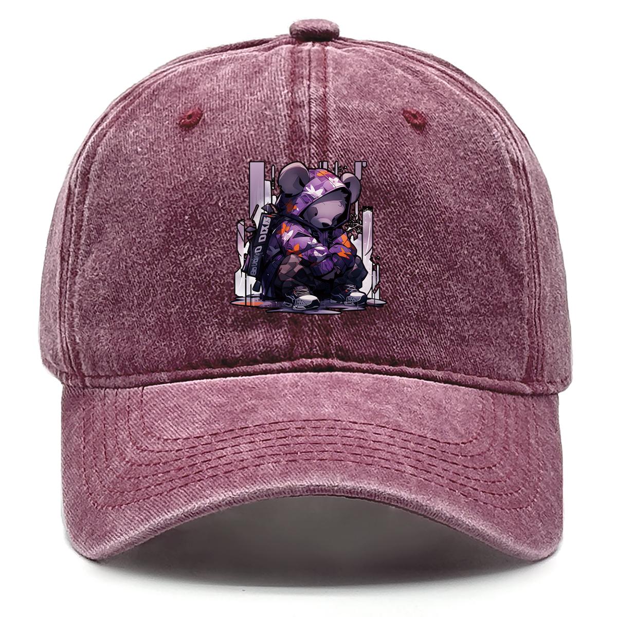 

Purple Bear Print Snapback Baseball Cap, Animal Trucker Hat Simple Adjustable Strap Sun Protective Distressed Adjustable Baseball Hat as the picture вино красного