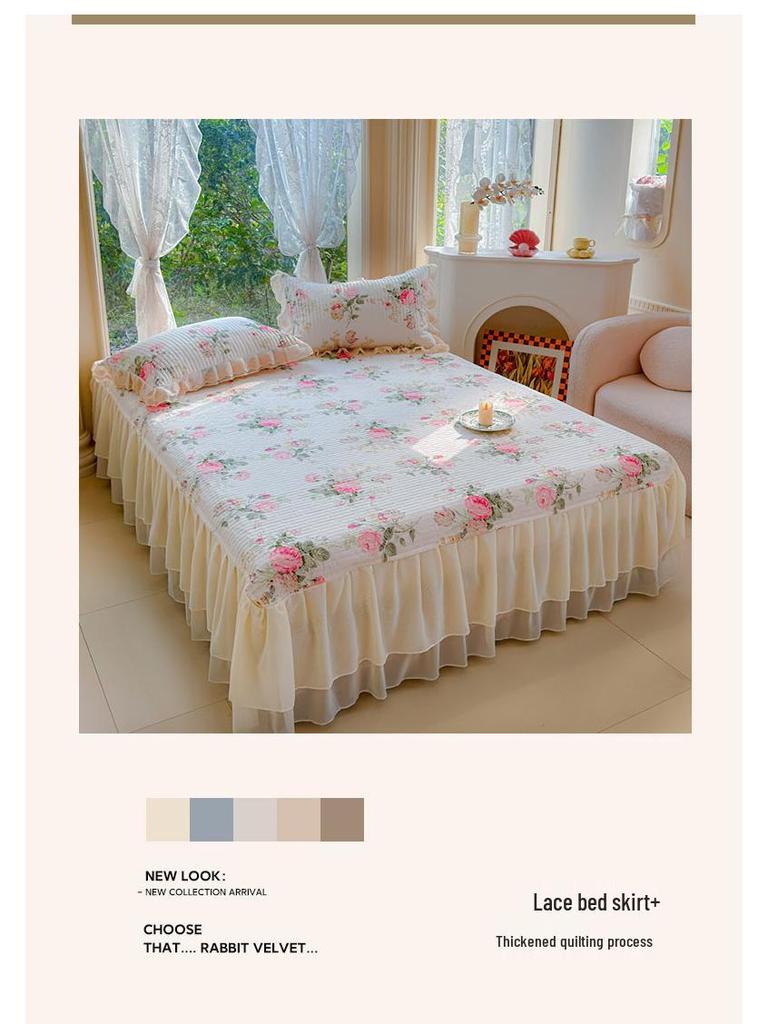 2026 Baumwoll-Print gesteppter Bettrüsche 4-teiliges Set mit Spitzenbesatz