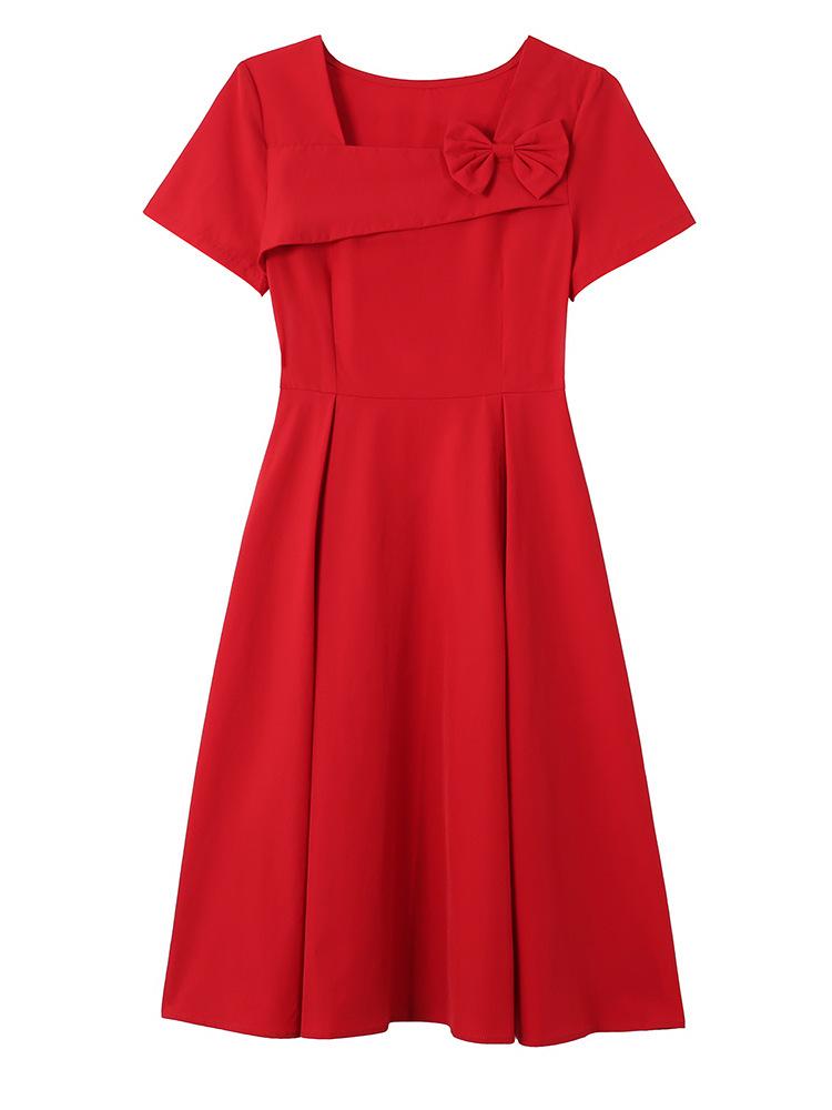 2026 Elegant Red French Short-Sleeve Slimming Plus Size Women's Dress