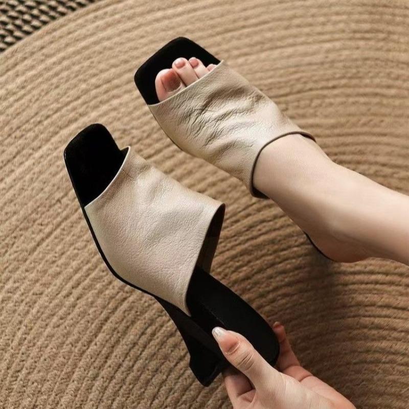 Fashion Soft Leather Sandals and Slippers for Women, New Summer Square Toe Open Toe Flip-flops with Skirt Special-shaped Wedge Heels