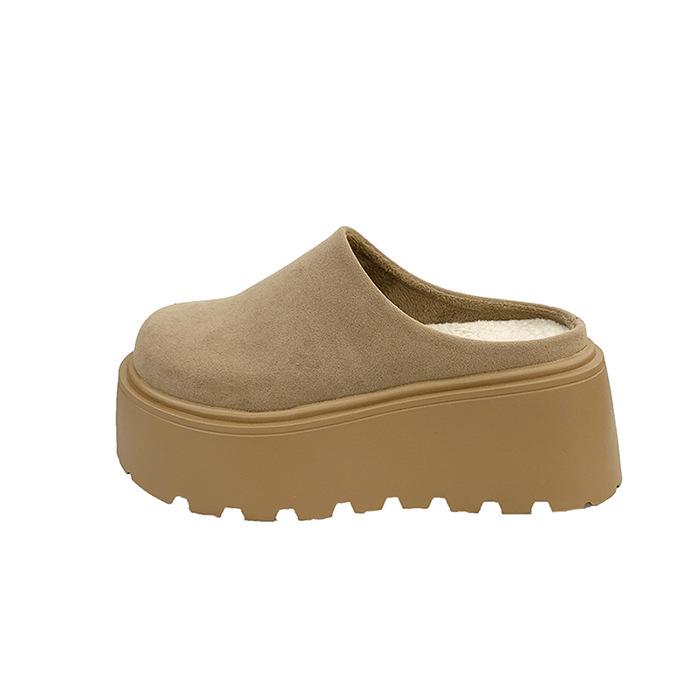 Schwammkuchen Dicksohlen Taschenkopf Fleece Baumwollpantoffeln Damen tragen Retro Weiches Leder Vielseitig im Herbst und Winter, kleine höhenerhöhende flauschige