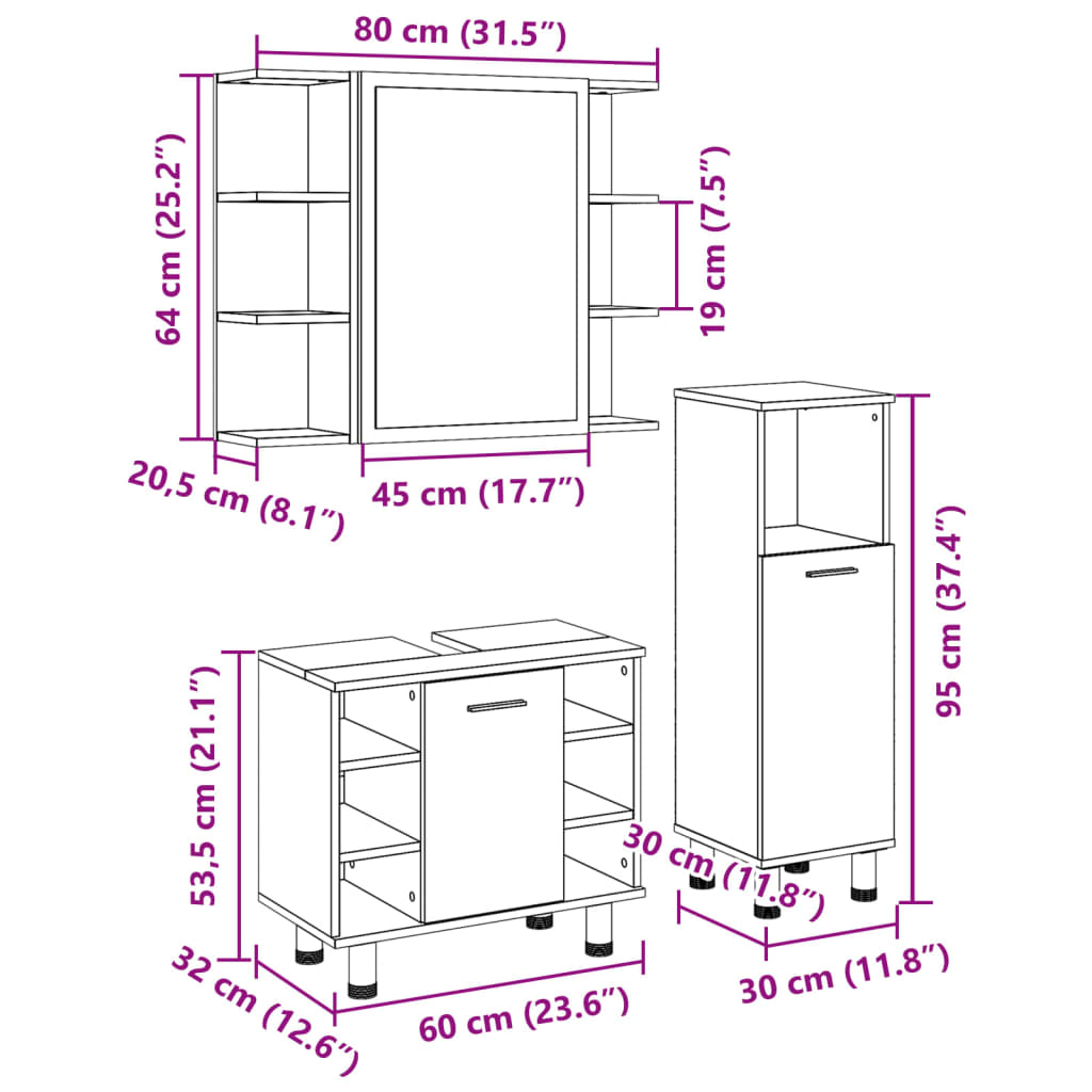 3 Piece Bathroom Furniture Set Sonoma Oak Particleboard