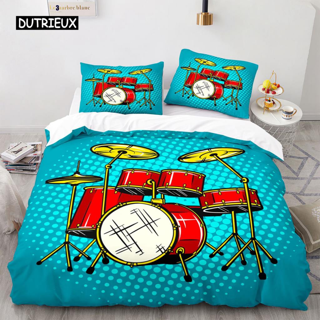 Drum Kit Duvet Cover Set Classical Music Comforter Cover Musical Instrument Lightning Pattern Quilt Cover for Kids Boys Teens