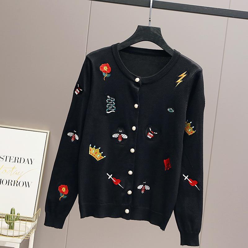Autumn Women Designer Embroidery Monsters Single Breasted Knitted Sweater Coat Jacket
