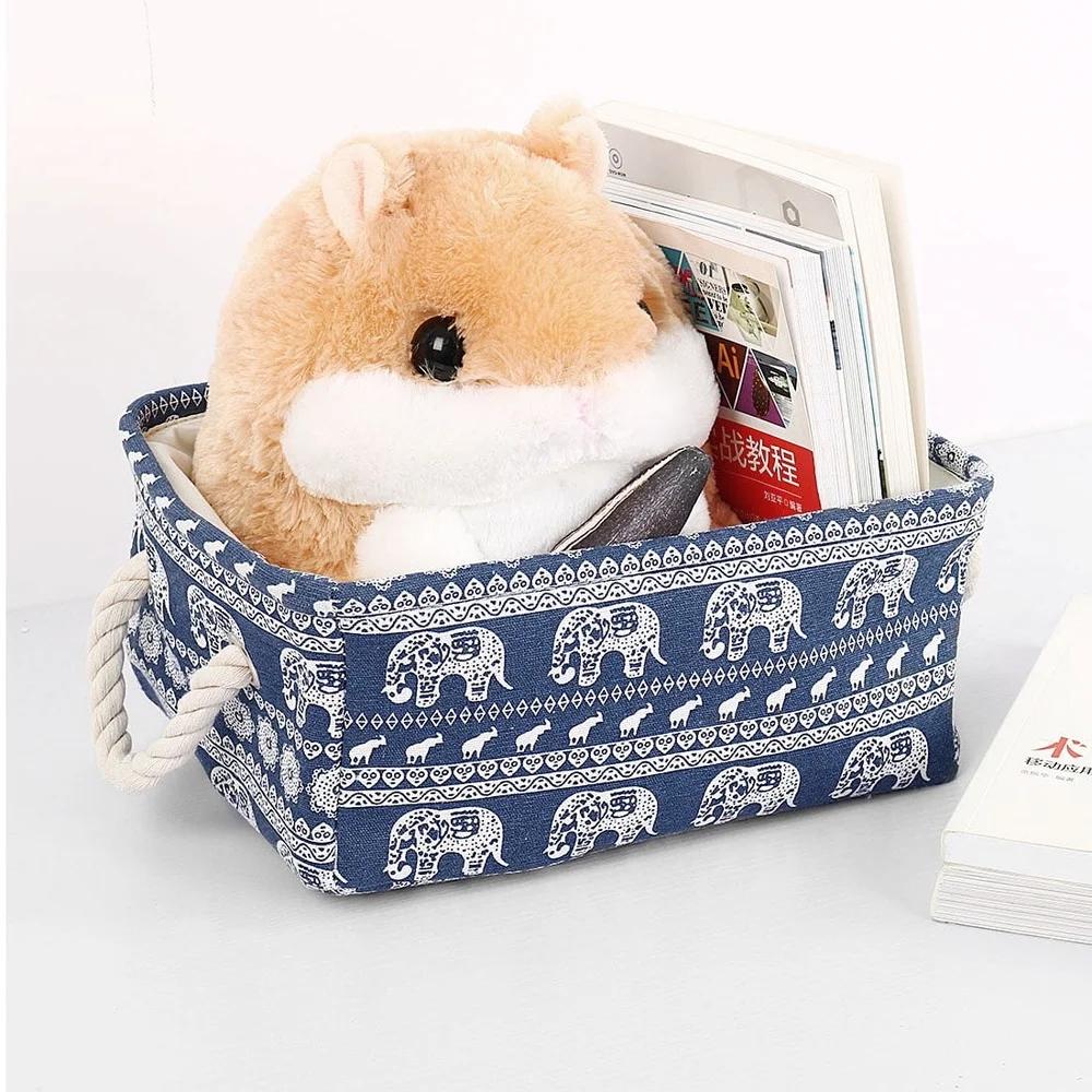 Foldable Storage Bins Fabric Basket with Handles Drawstring Dust Resistant Collapsible Cotton Rope Elephant Design Ideal Home