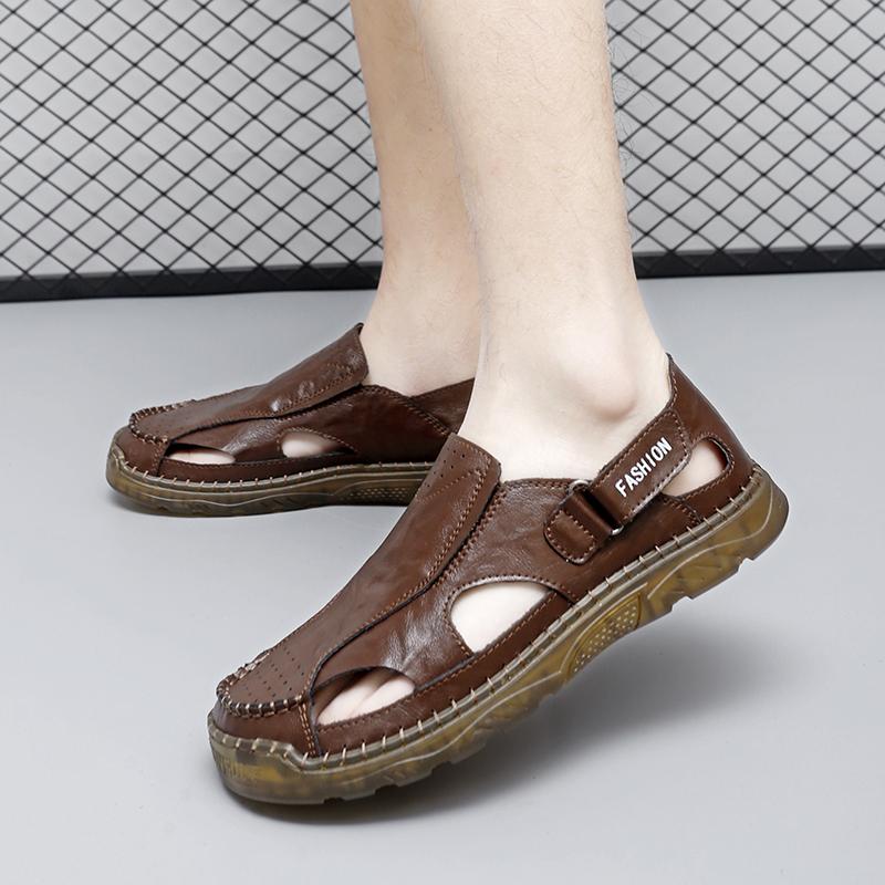 Retro Style Men Leather Sandals Comfortable Summer Soft Hollow Out Loafers Handmade Casual Flats Stylish Beach Vacation Sandals