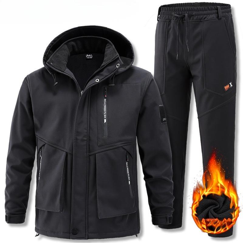 Herbst Handwerksanzug Herren Plus Samt Verdickt Winddicht Wasserdicht und Warm Outdoor Bergsteigeranzug Lässiger 2-teiliger Anzug