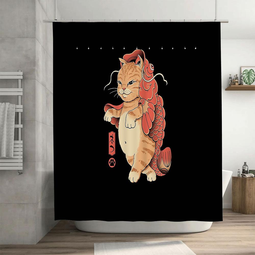 Japanese Cat Koi Fish Shower Curtain Anime Bathroom Decor Washable Waterproof Home Decor Japanese Style Wall Art Tapestry