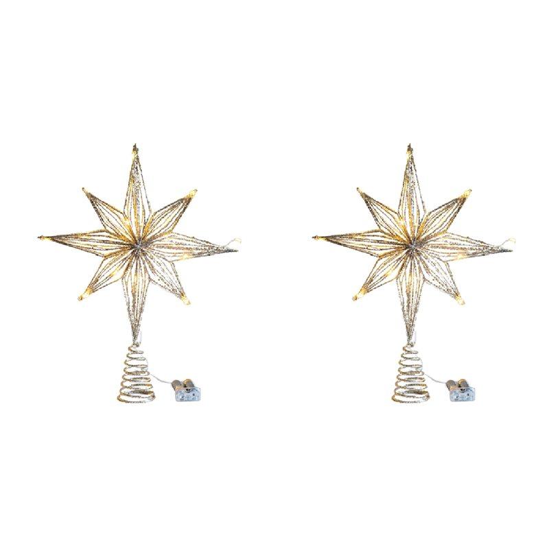 Premium-2X Christmas Tree Toppers Star LED Lamp For Tree Ornaments Eight-Pointed Star Tree Light,Champagne Gold
