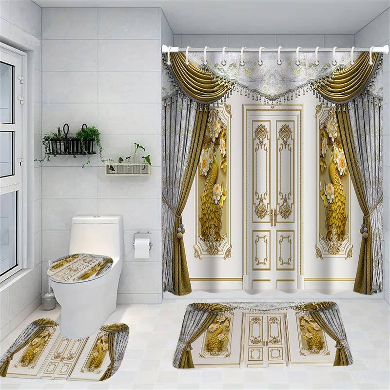 

3D Pringting Shower Curtain Animal Bath Sets Waterproof Non-Slip Bathroom Rug Toilet U With 12 Hooks Home Deco 180x180cm фіолетовий