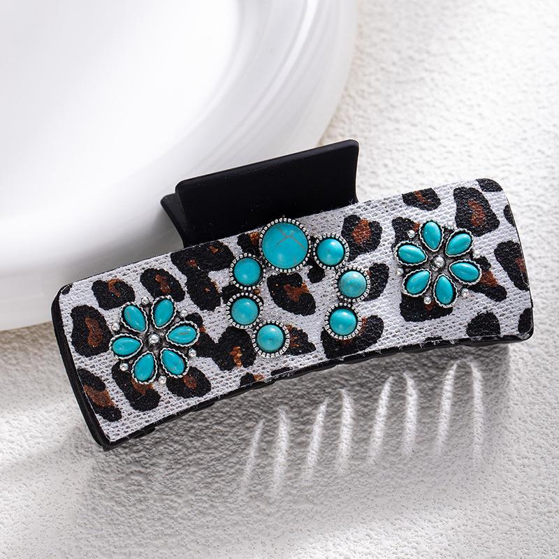 Bohemian Ethnic Style Turquoise Grab Clip Western Style Hairpin Retro Leopard Print Sequined Leather Fashion Disc Hairpin