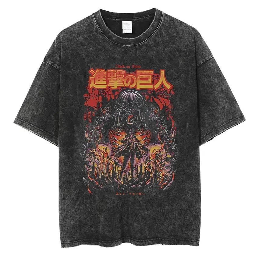 Attack on Titan Washed Oversized T-shirt Mikasa Ackerman Eren Jaeger Women Mens Summer Cotton T-shirts High Quality Anime Fans Clothing