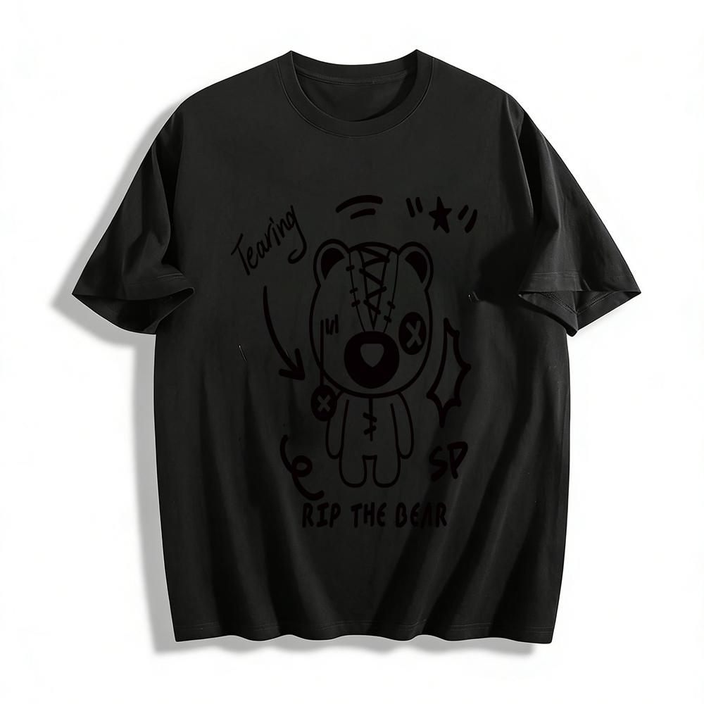 Rip The Bear Tearing Print T-shirt, Trendy Gothic Style Casual Crewneck Top For Men And Women Pure cotton T-shirt XXS