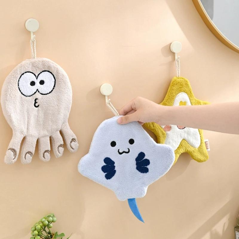 Cartoon Marine Organism Hand Towel Quick Drying Kitchen Towel Cleaning Rag Coral Velvet Absorbent Hanging Towel Bathroom