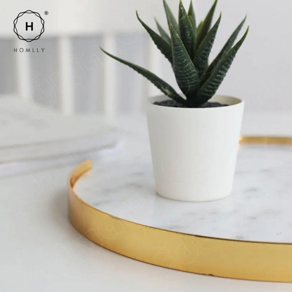 Homlly Round Rectangular Marble tray with Gold Brass Edge